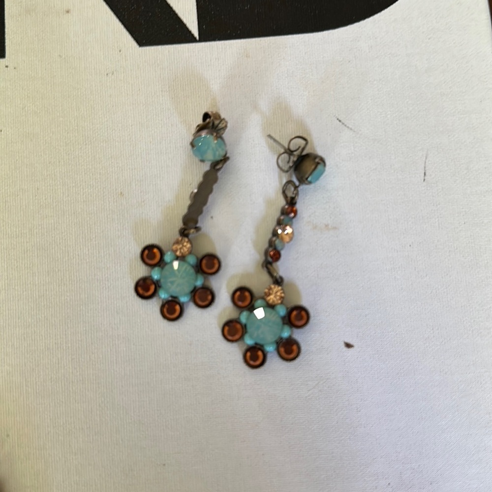 Custom designed drop earrings made of turquoise and amber stones